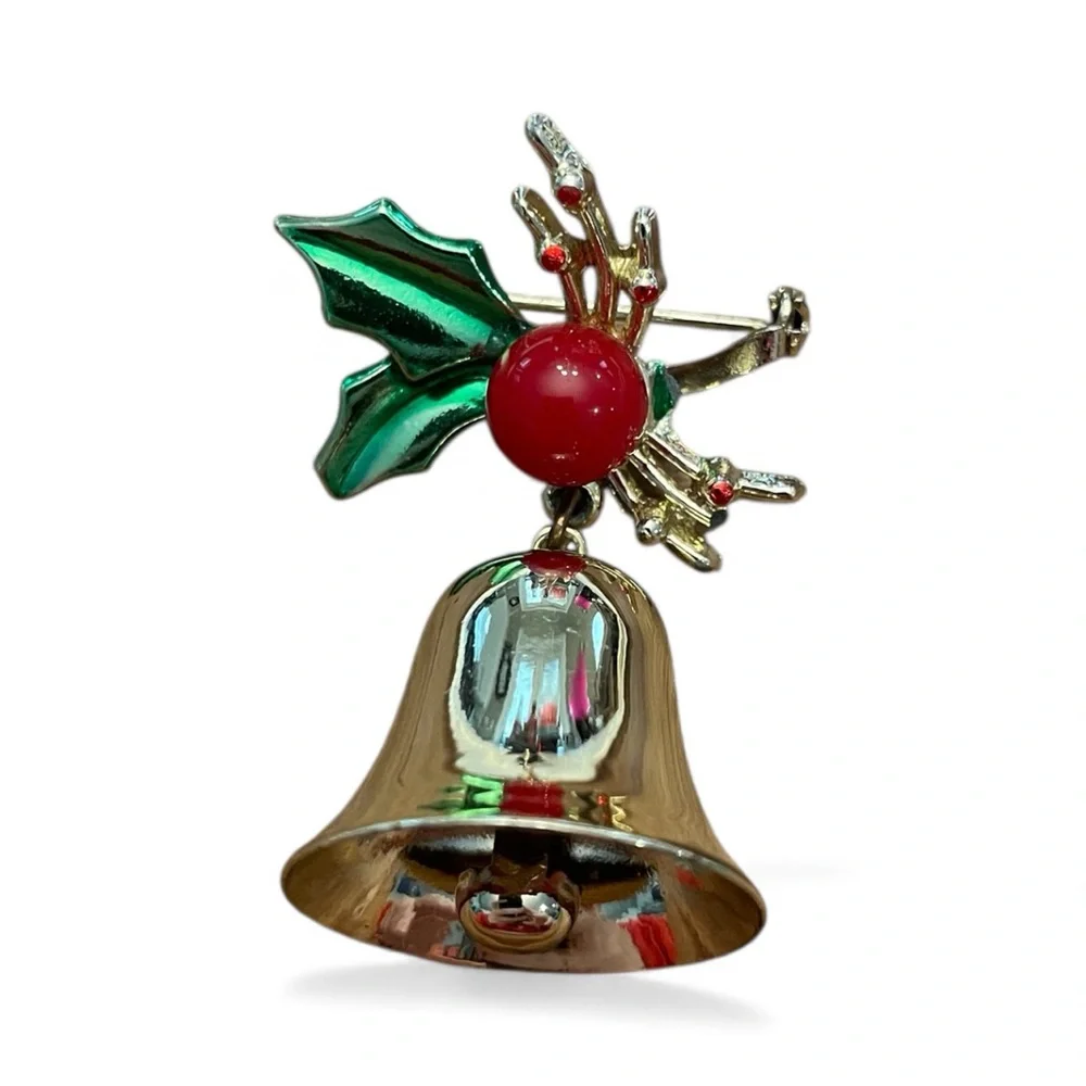Vintage Christmas Bell Brooch Pin Gold Tone Enamel Holiday‎ Festive Church Holly